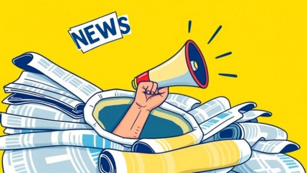 Illustration of megaphone over newspaper stack symbolizing Small Business Growth Act West Virginia.