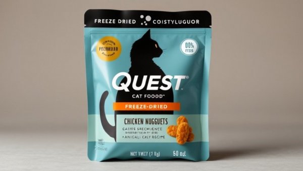 Quest cat food packaging with freeze-dried chicken nuggets, popular cat food recall.