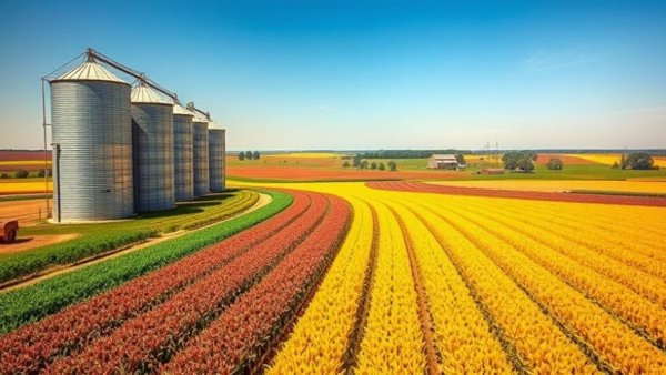 Expansive Michigan agriculture landscape with crops and silos in the distance.