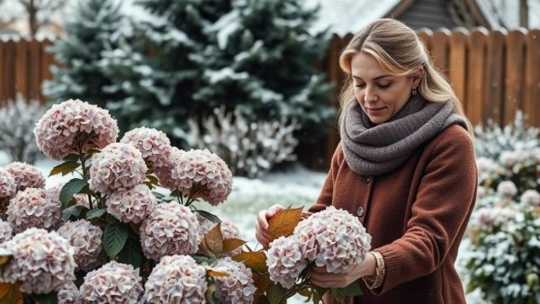 Woman pruning dry hydrangeas in snowy garden for February gardening tasks.