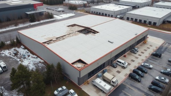 Detroit MI warehouse with roof damage, captured from above, local news coverage.