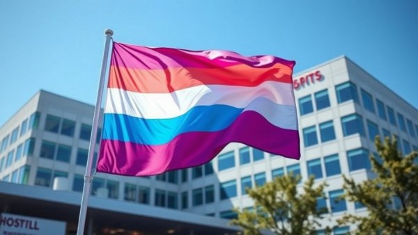 Transgender pride flag in front of Michigan hospital, gender-affirming care.