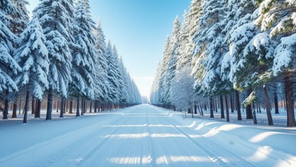 Pristine snowy path through forest in winter sunshine.