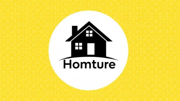 Logo of house integrated into text on yellow background.