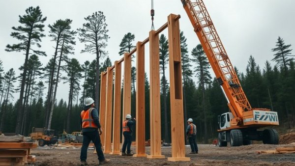 Mass timber construction site in Michigan with workers.