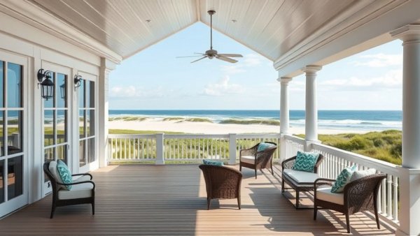 Spacious porch of Jersey Shore luxury real estate with ocean view.