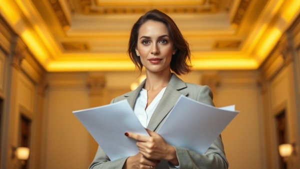 Professional woman in formal setting holding papers, related to Michigan homes for sale.