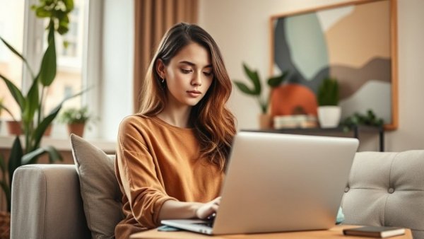 Young woman using AI tools for solopreneurs on laptop.