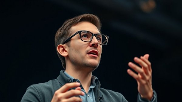 Confident speaker discussing AI in faith practices, dark backdrop.