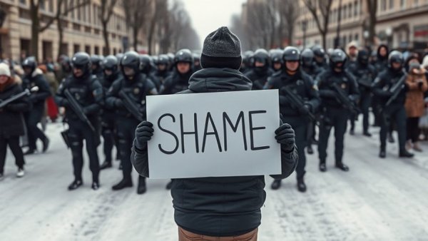 Michigan ICE presence protest with sign saying 'SHAME'.