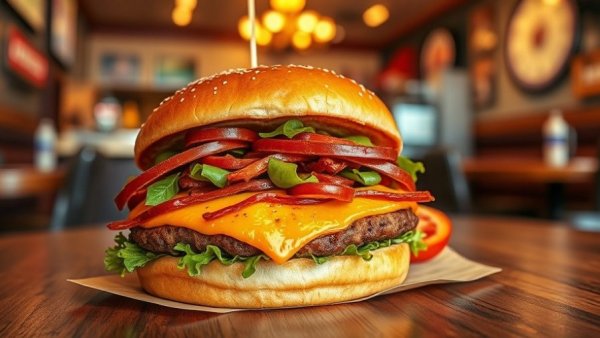 Delicious gourmet burger in a Michigan diner with fries.