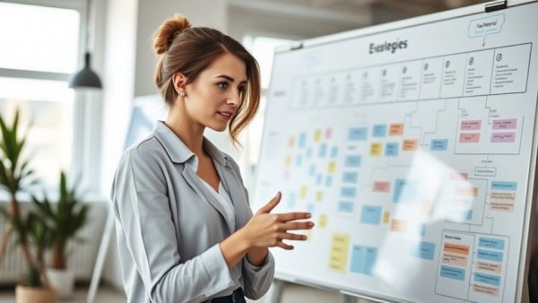 Woman brainstorming business strategies on a whiteboard in modern office.