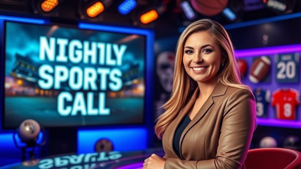 Smiling sports anchor in studio with football helmets and show screen.