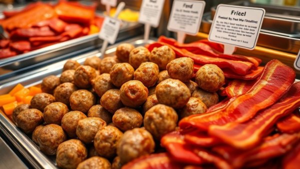 Delicious buffet at Michigan restaurants near me featuring meatballs and bacon.