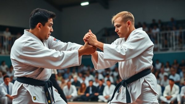 Karate championships match in Halifax with competitors and judges.
