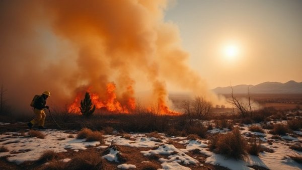 Wildfire in Voyageurs National Park wetland with firefighter and thick smoke.