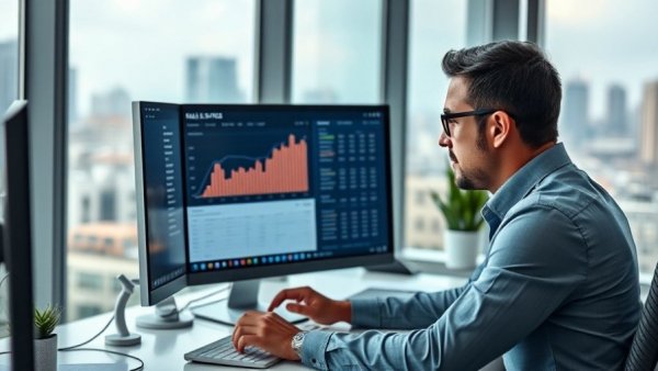 Professional using real estate platform in modern office environment.