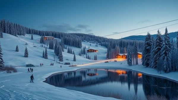 Tranquil snowy ski slopes at dusk for Slide & Swing Challenge.