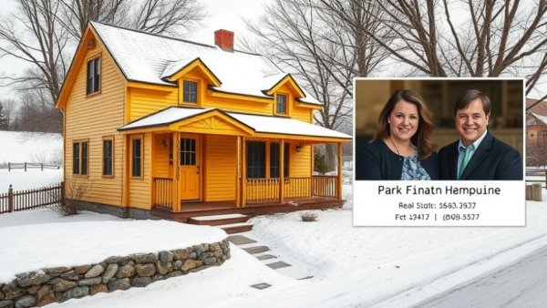Vintage house in winter with real estate info, Michigan.