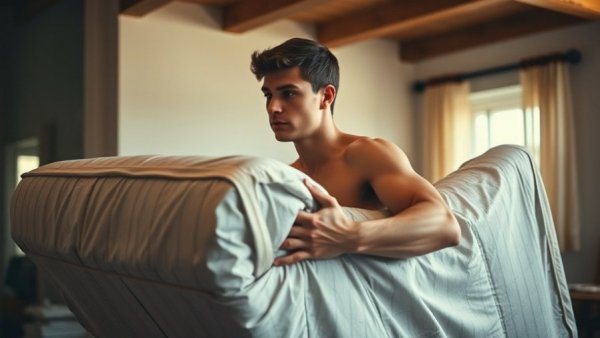 Young man lifting a mattress, exemplifying human strength and skill.