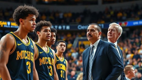 Michigan basketball players and coach in intense game moment, reflecting tournament history.