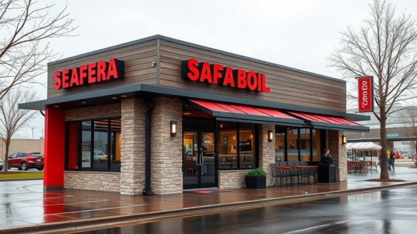 Exterior of a seafood boil restaurant opening in West Michigan with red accents.