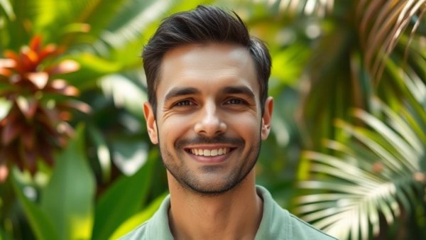 Man in gray suit smiling in tropical setting. Karate Lion Oz remake.