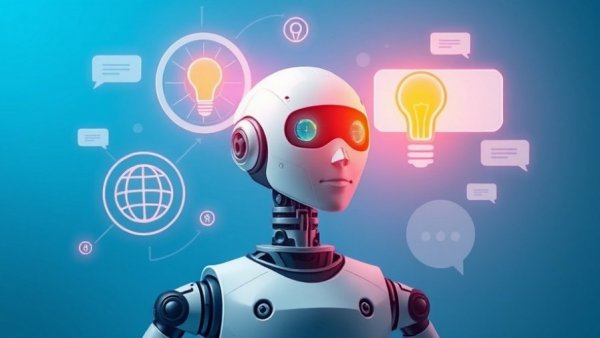 AI robot with marketing icons for performance based online marketing.