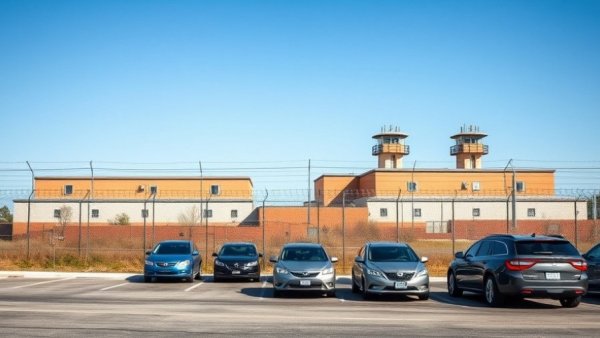 Exterior view of Michigan women's prison with parking area.