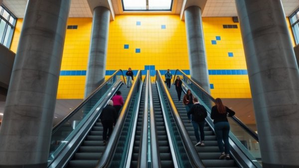 People on escalators in a modern architectural space, Australian real estate market concept.