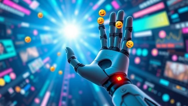 Futuristic robotic hand with emojis showcasing AI Integration Strategies for Small Businesses.