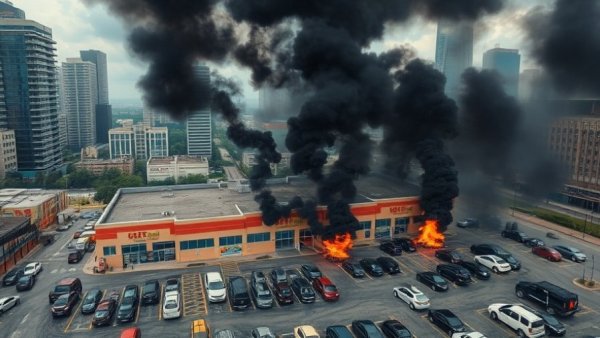 Aerial scene of a Puerto Vallarta parking lot fire with black smoke.