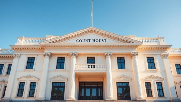 Neoclassical courthouse building in sunlight, Line 5 case state court.