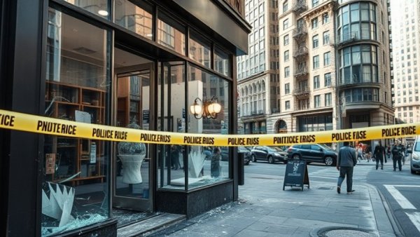 Ransacked storefront with police tape highlighting cartel violence Mexico travel concerns.