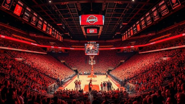 Energetic basketball game crowd in vivid red-lit arena.