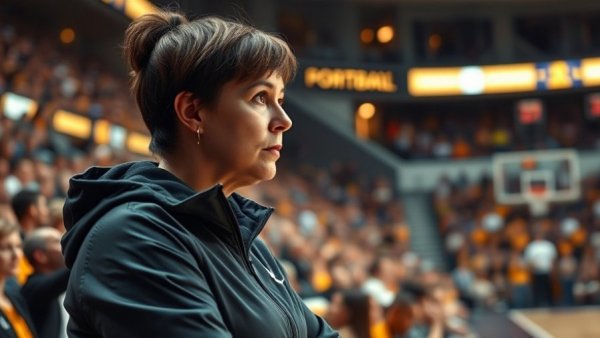Women's college basketball coach intently watches a game.