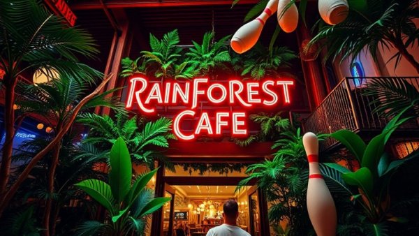 Vibrant entrance of Michigan Rainforest Cafe with foliage and signage.