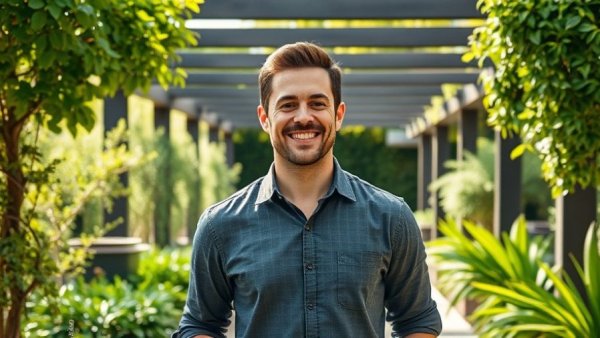 Confident man in a garden setting related to AI content creation Dubai.