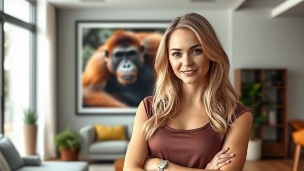 Blonde woman stands near artwork showcasing orangutan photo.