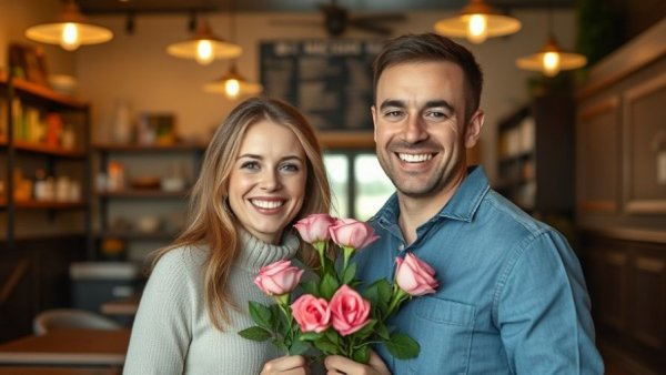 Welcoming couple in Michigan restaurant with pink roses, friendly.