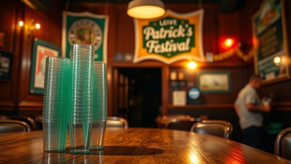 Lively pub scene with stacked cups and festival poster, highlighting pub atmosphere.