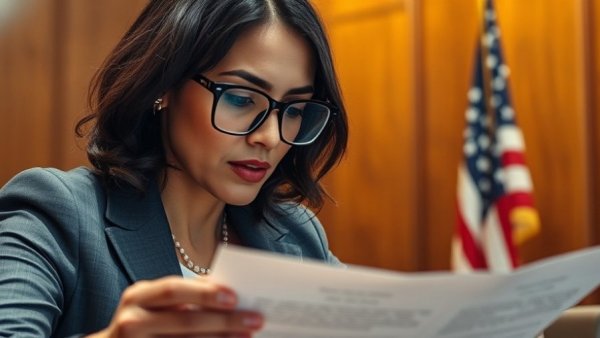 Focused woman in glasses studying document in formal setting