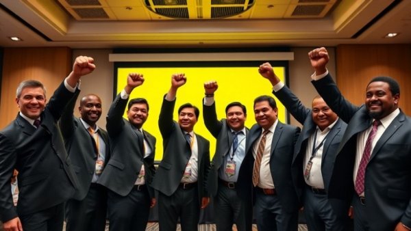 Karate One Youth League announcement, officials raising fists at conference.
