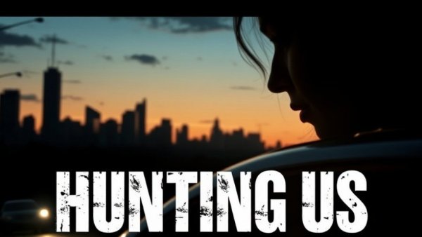 Mysterious urban landscape with 'Someone's Hunting Us' text and car headlights.