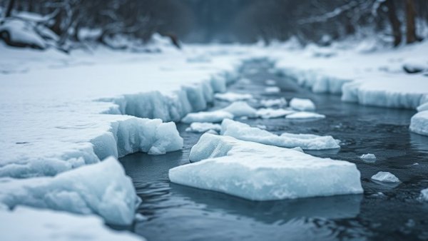 Frozen river with jagged ice in Detroit landscape, local news coverage Detroit MI