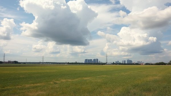 Open field with cloudy sky and distant city skyline, related to Grand Rapids solar array project.
