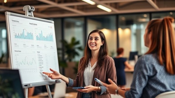 Young woman discussing business plans in a modern office, digital marketing services in Vietnam.