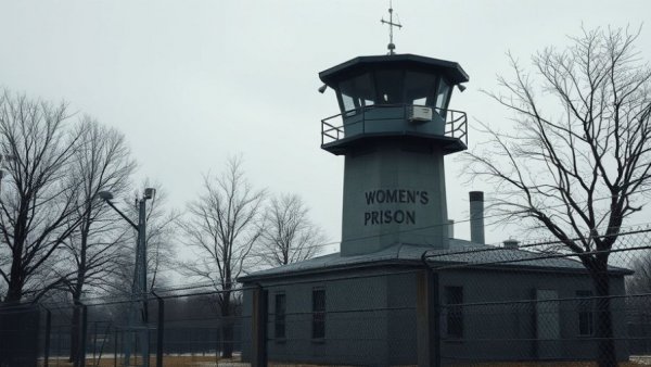 Exterior view of a women's prison in Michigan with overcast skies.