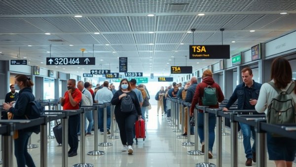 Travelers at TSA checkpoint discussing security protocols