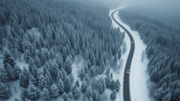 Winter drive through Upper Peninsula's snowy forest.